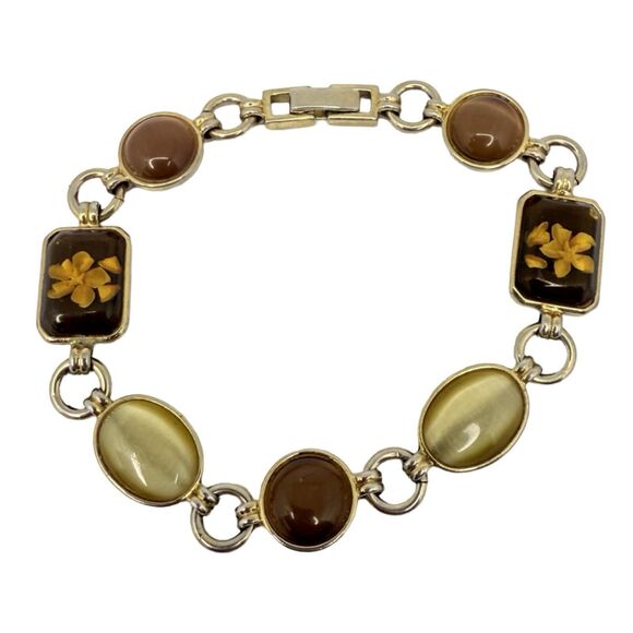 Vintage Brown & Gold Pressed Flower Chain link Bracelet 7.25" Cottagecore Boho - Picture 1 of 11